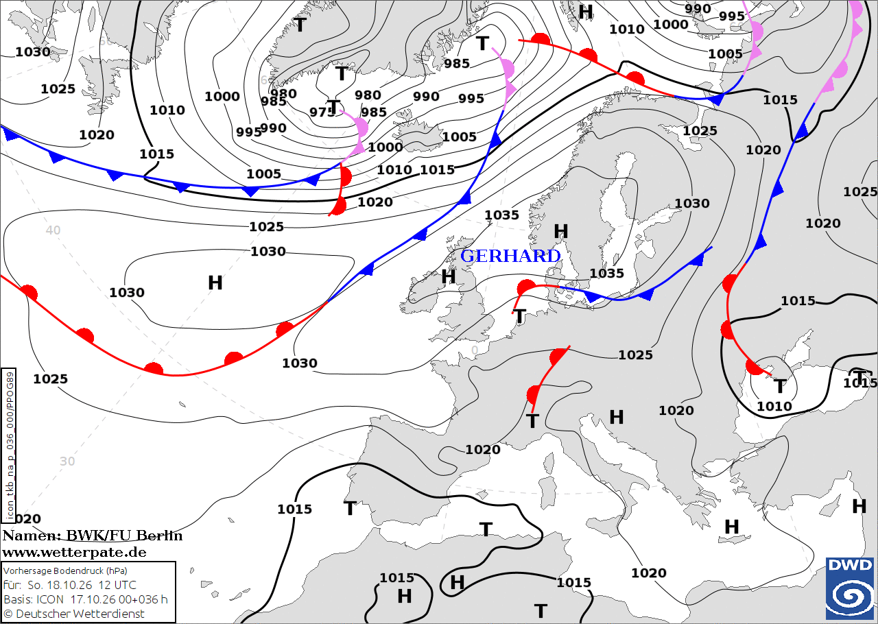 DWD Bodenwetterkarte mit Isobaren, Fronten und Druckgebieten für den 18. Oktober 2026 um 12 UTC
