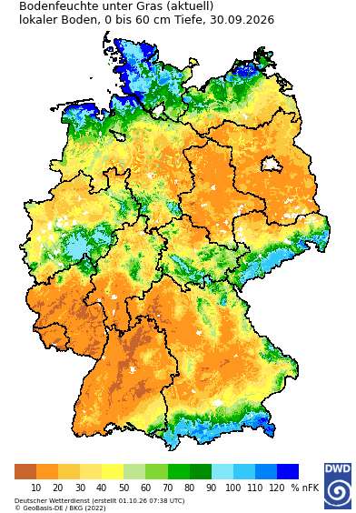 Aktuelle Bodenfeuchte vom 30.09.2026 in Deutschland (Quelle DWD)
