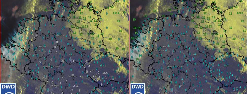 Nächtliche Minimumtemperaturen am 25.09.2026 bis 08:00 MESZ, links in 5 cm Höhe und rechts in 2 m Höhe. (Quelle Deutscher Wetterdienst)