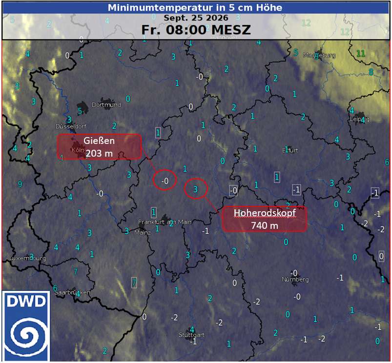 Nächtliche Minimumtemperatur in 5 cm Höhe am 25.09.2026 bis 08:00 Uhr MESZ (Quelle Deutscher Wetterdienst)