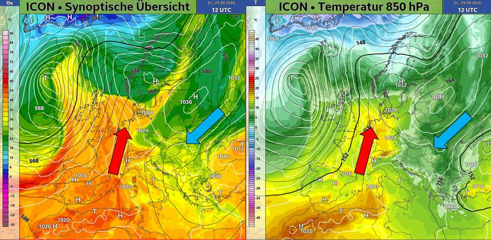 Diese Grafik zeigt die synoptische Übersicht für Dienstag, den 29.09.2026 um 12 UTC.   (Quelle DWD)