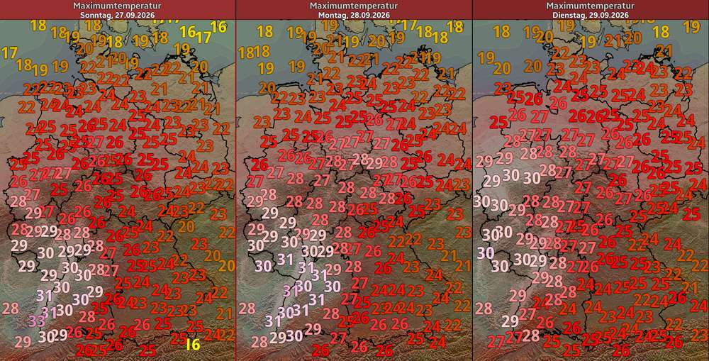 Diese Grafik zeigt die prognostizierte Tageshöchsttemperatur von Sonntag bis Dienstag, den 29.09.2026. (Quelle DWD)