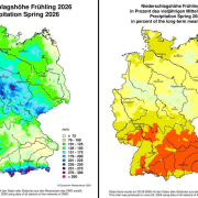 DWD 2026-9-27-image-1 Niederschlagshöhe in Deutschland im Frühling 2026, links: Messwerte, rechts: Anteil am langjährigen Mittelwert (Quelle DWD)