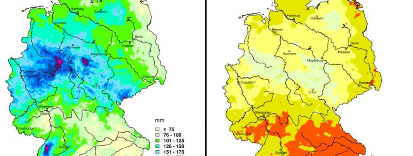 Niederschlagshöhe in Deutschland im Frühling 2026, links: Messwerte, rechts: Anteil am langjährigen Mittelwert (Quelle DWD)