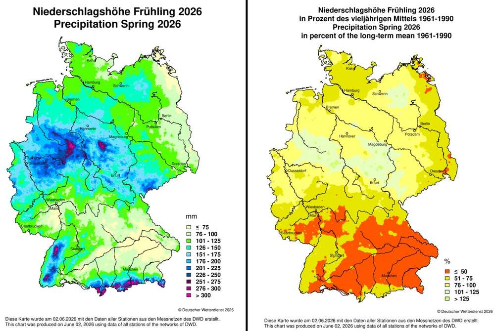 Niederschlagshöhe in Deutschland im Frühling 2026, links: Messwerte, rechts: Anteil am langjährigen Mittelwert (Quelle DWD)