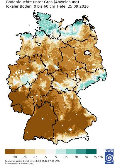Abweichung Bodenfeuchte unter Gras, bis 60 cm Tiefe (Quelle DWD)