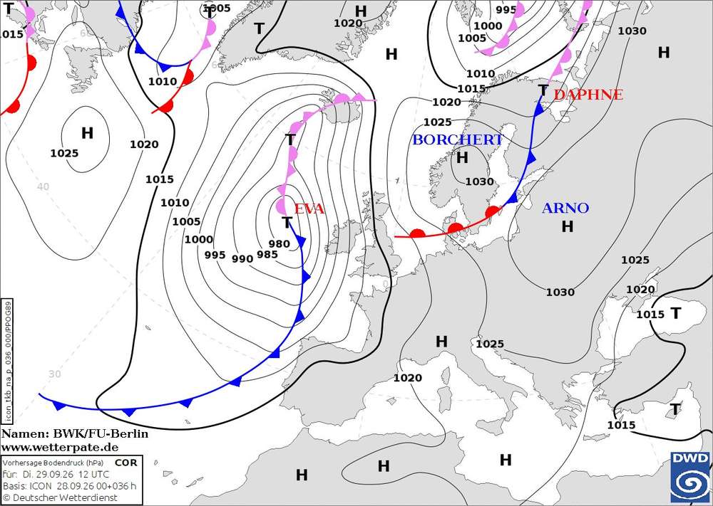 Prognosekarte Bodendruck und Lage der Fronten mit Namen der steuernden Hoch- und Tiefdruckgebiete für den heutigen Dienstag, den 29.09.2026 12 UTC