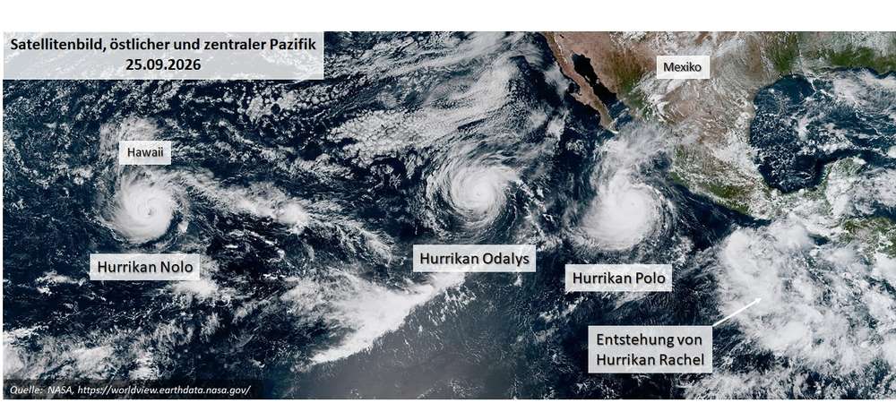 Satellitenbild vom 25.09.2026. Darauf zu sehen gleich drei Hurrikane sowie die Entstehung eines weiteren über dem Pazifik. (Quelle NASA)
