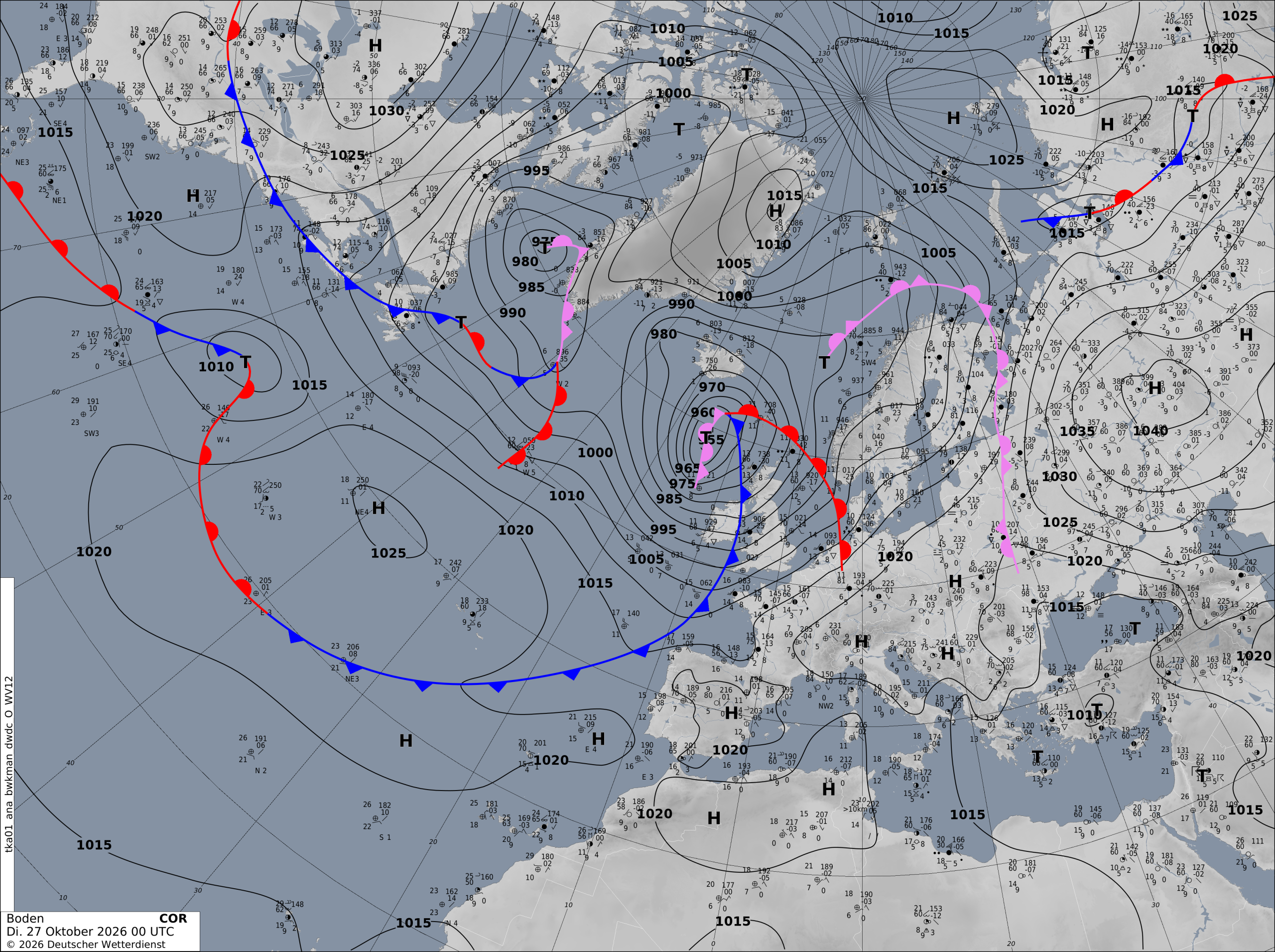Digitale Bodenwetterkarte des DWD vom 27. Oktober 2026, 00 UTC