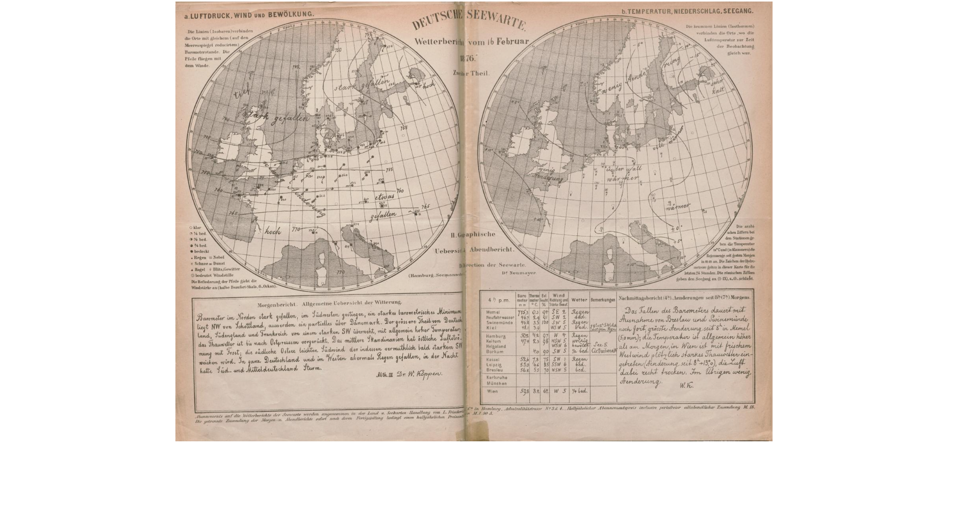 Erste tägliche Wetterkarte der Deutschen Seewarte vom 16. Februar 1876