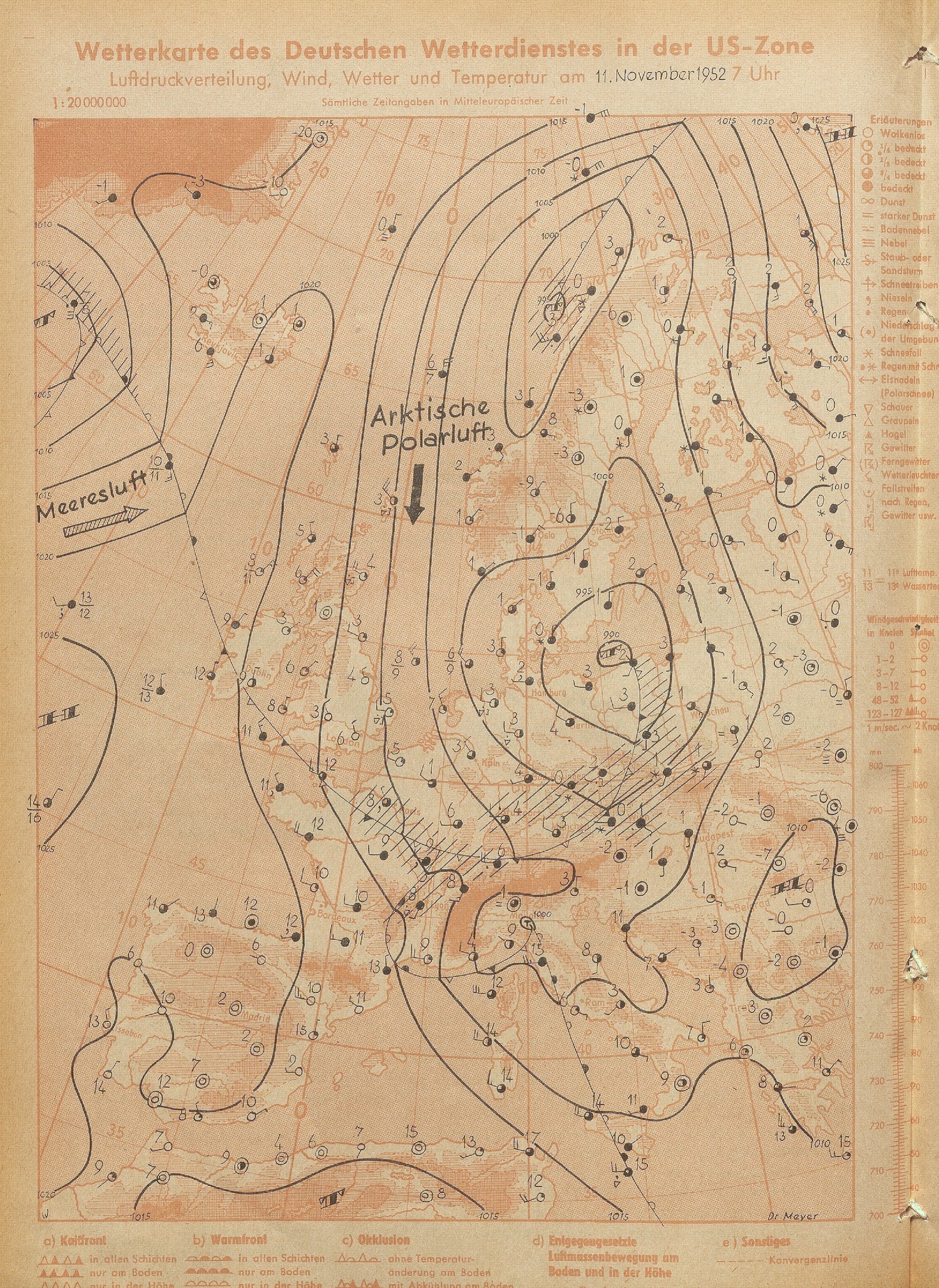 Wetterkarte des Deutschen Wetterdienstes vom 11. November 1952