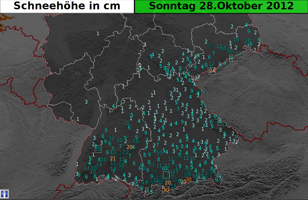 Schneehöhen in Deutschland am Morgen des 28. Oktober 2012 in Zentimetern.