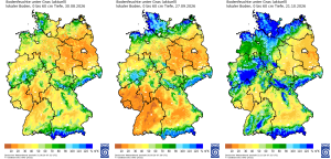 Bodenfeuchte unter Gras in 0–60 cm Tiefe am 30.08. (links), 27.09. (Mitte) und 21.10.2026 (rechts).