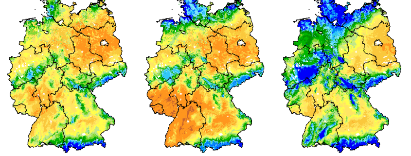 Bodenfeuchte unter Gras in 0–60 cm Tiefe am 30.08. (links), 27.09. (Mitte) und 21.10.2026 (rechts).