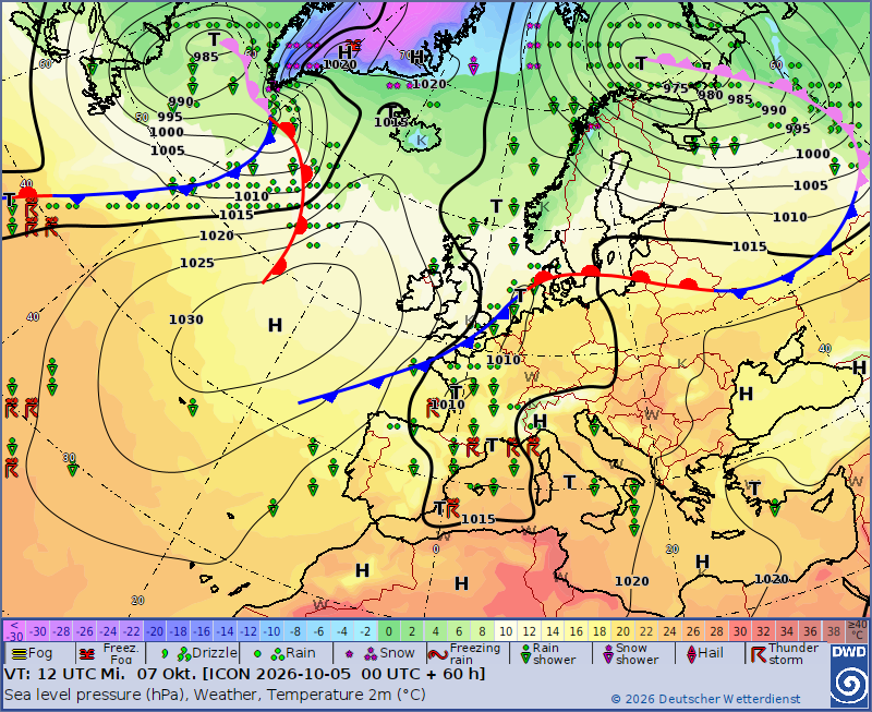 DWD-Vorhersage der Bodenwetterkarte für den 7. Oktober 2026 um 12 UTC: Tief über der südlichen Nordsee und Frontensystem über Mitteleuropa.
