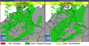 ICON-D2-Prognose des signifikanten Wetters für den 10. Oktober 2026 um 00 und 04 Uhr MESZ mit Schauern und Gewittern im Nordseeumfeld.