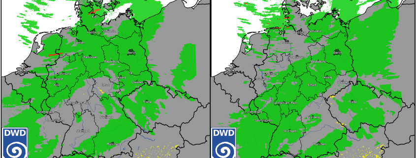 ICON-D2-Prognose des signifikanten Wetters für den 10. Oktober 2026 um 00 und 04 Uhr MESZ mit Schauern und Gewittern im Nordseeumfeld.