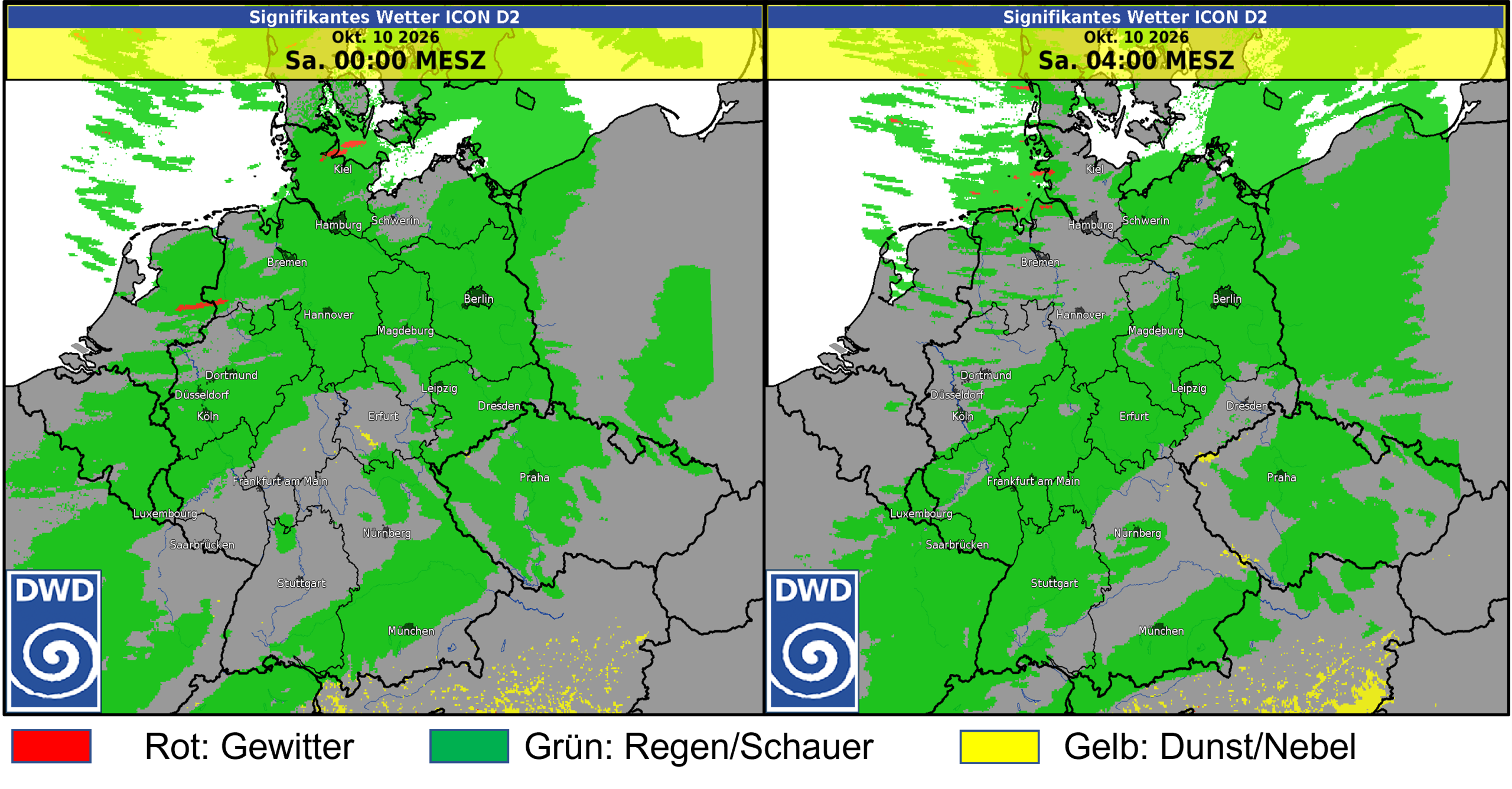 ICON-D2-Prognose des signifikanten Wetters für den 10. Oktober 2026 um 00 und 04 Uhr MESZ mit Schauern und Gewittern im Nordseeumfeld.