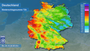 Radarbasierte Niederschlagssummen über 72 Stunden bis 26. Oktober 2026, 08 Uhr, mit Schwerpunkten im Saarland und Nordschwarzwald.