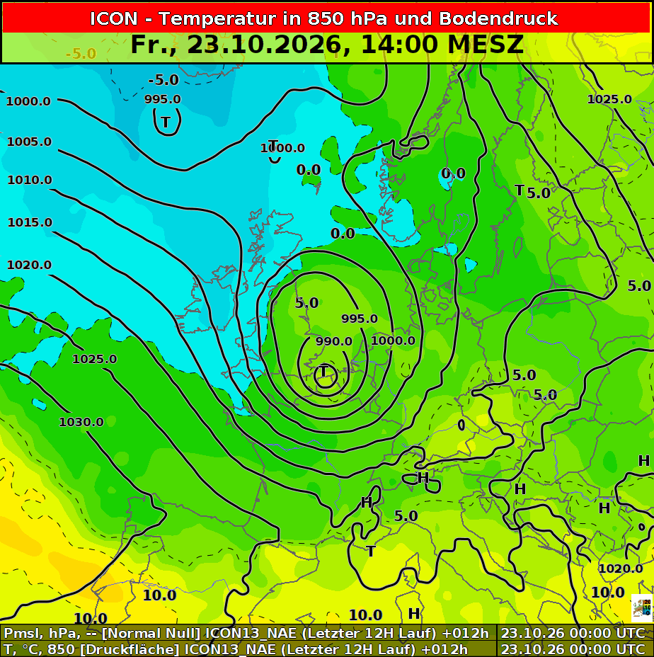 ICON-Animation von Bodendruck und Temperatur auf 850 hPa: Austen zieht nach Dänemark, Boelo über Schottland zur nördlichen Nordsee.