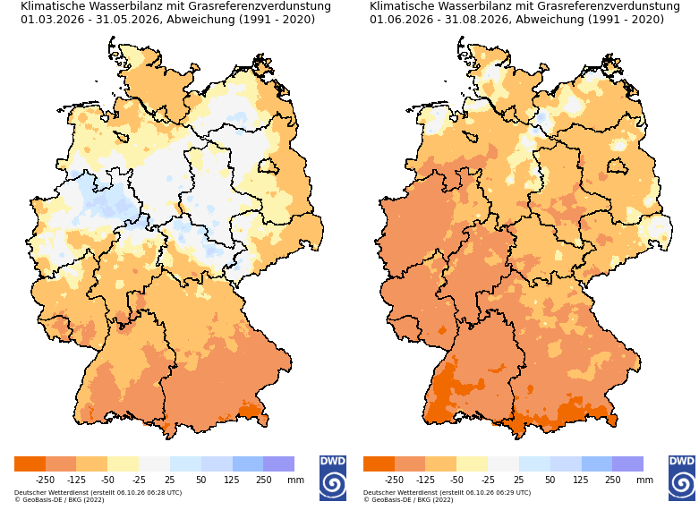 Klimatische Wasserbilanz für Frühling und Sommer 2026 mit großen Wasserdefiziten im Süden und Südwesten Deutschlands. Quelle: Deutscher Wetterdienst.