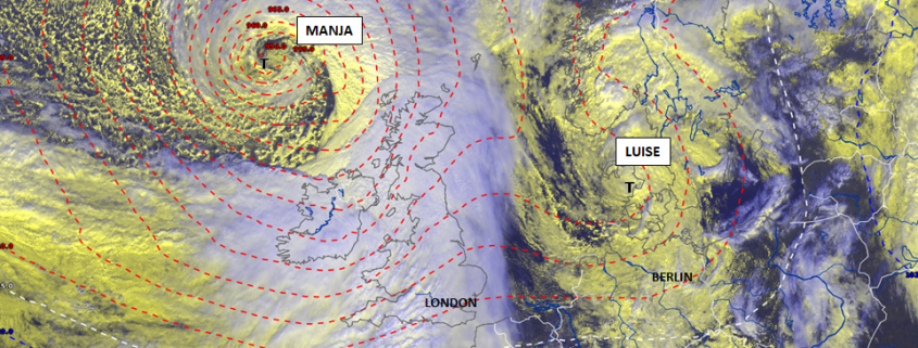 Satellitenbild vom 24. Oktober 2026, 13:24 MESZ: Tief MANJA westlich von Schottland und LUISE über Dänemark mit Bodendrucklinien.