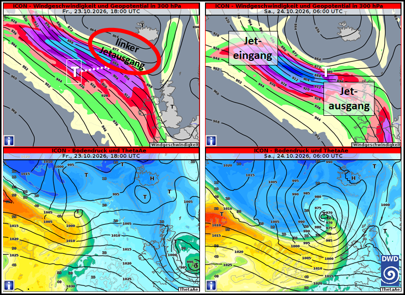 Jet in 300 hPa (oben) und Bodendruck (unten) am 23.10.2026 um 18 UTC (links) und am 24.10.2026 um 06 UTC (rechts).