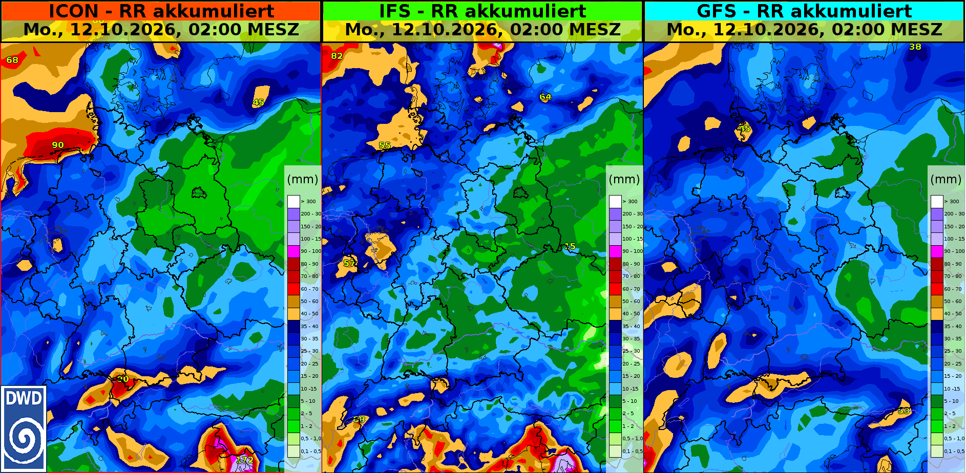 Simulierte Niederschlagssummen bis zur Nacht auf den 12. Oktober 2026 mit Schwerpunkten an Nordsee und Alpenrand. Quelle: Deutscher Wetterdienst.