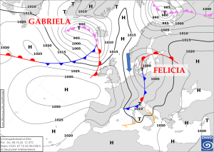 Bodendruck und Fronten über Europa am 8. Oktober 2026, 12 UTC: Tief Felicia und der Zustrom maritimer Polarluft nach Deutschland.