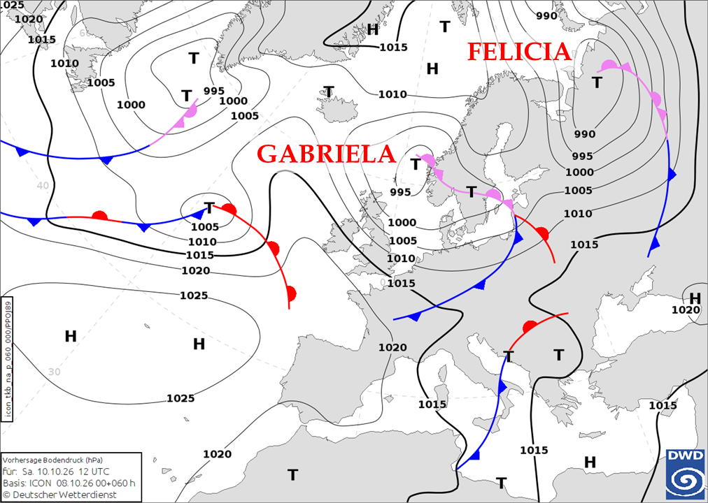 DWD-Vorhersagekarte für Bodendruck und Fronten über Europa am 10. Oktober 2026, 12 UTC, mit Tief Gabriela.