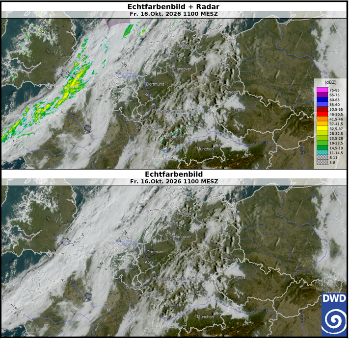 Echtfarben-Satellitenbild des MTG über Mitteleuropa am 16. Oktober 2026 um 11 Uhr mit überlagertem Niederschlagsradar
