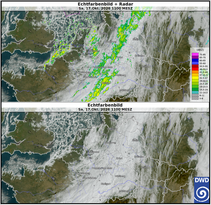 Echtfarben-Satellitenbild des MTG über Mitteleuropa am 17. Oktober 2026 um 11 Uhr mit überlagertem Niederschlagsradar