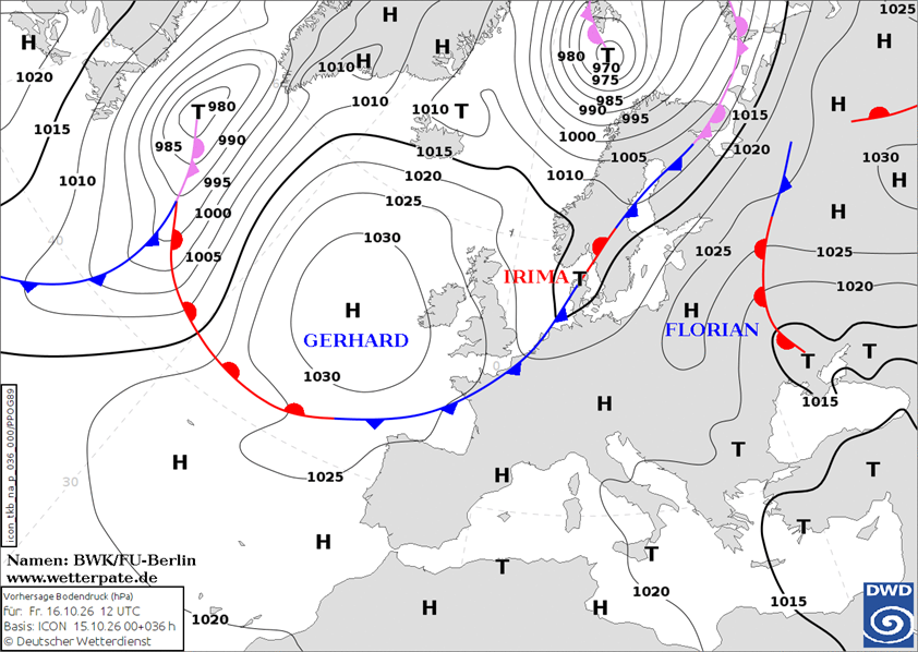 Vorhersage der Fronten und des Bodendrucks über Europa am 16. Oktober 2026 um 12 UTC