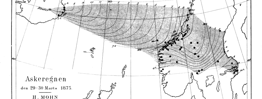 Historische Karte von Henrik Mohn zur Ausbreitung der Askja-Vulkanasche von Island nach Norwegen und Schweden im März 1875.