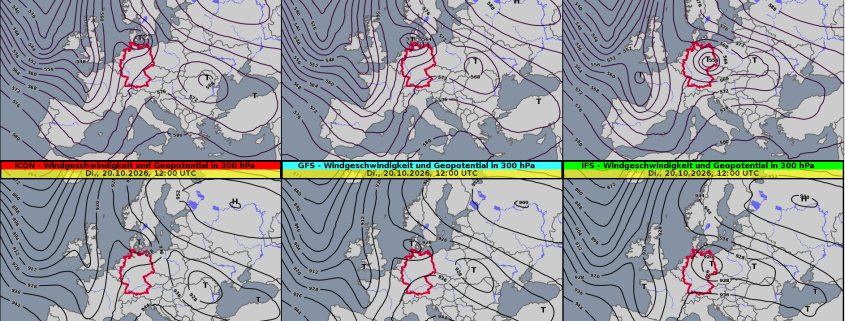 Abweichende Höhentief-Prognosen von ICON, GFS und IFS auf 500 und 300 hPa für den 20. Oktober 2026