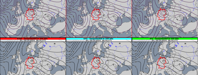 ICON, GFS und IFS: Geopotenzial auf 500 hPa oben und 300 hPa unten am 20. Oktober 2026 um 06 UTC beziehungsweise 08 MESZ. Quelle: Deutscher Wetterdienst.