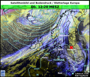 Satellitenbild und Bodendrucklinien über Europa und dem Nordatlantik am 15. Oktober 2026 um 12 UTC