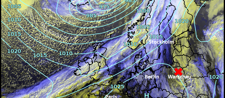 Satellitenbild und Bodendrucklinien über Europa und dem Nordatlantik am 15. Oktober 2026 um 12 UTC