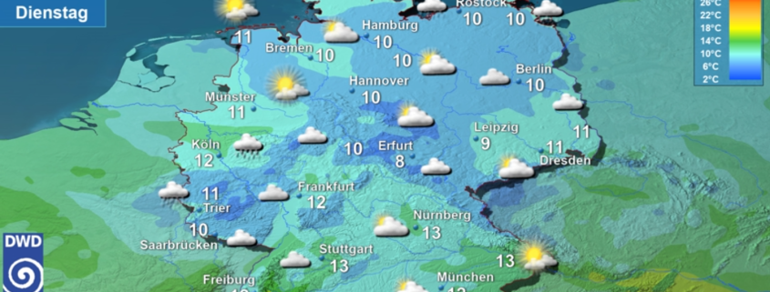 Wettervorhersage und Tageshöchsttemperaturen für Deutschland am 20. Oktober 2026 (Quelle: Deutscher Wetterdienst)