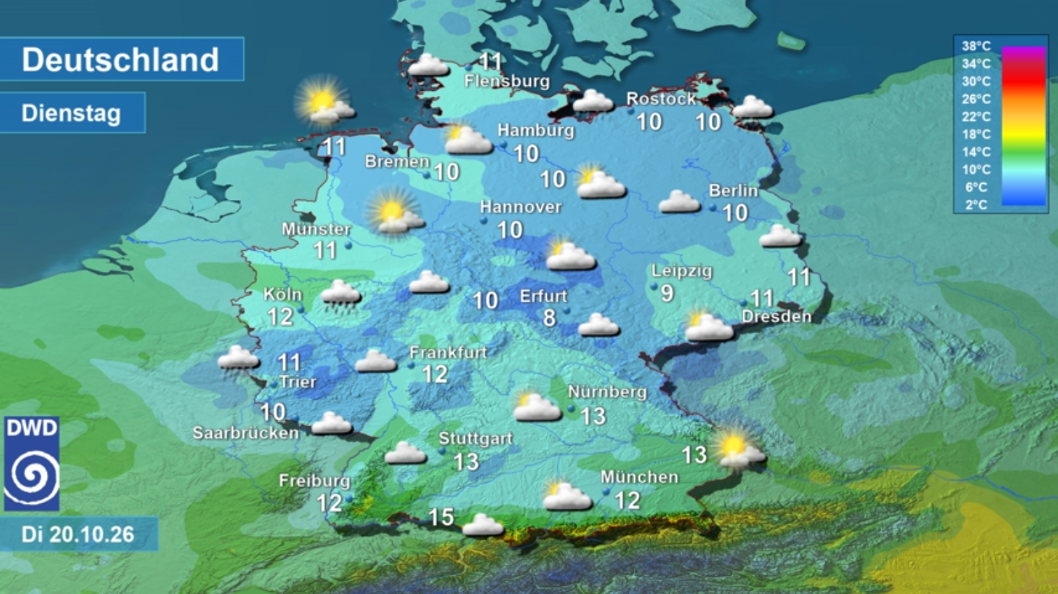 Wettervorhersage und Tageshöchsttemperaturen für Deutschland am 20. Oktober 2026 (Quelle: Deutscher Wetterdienst)