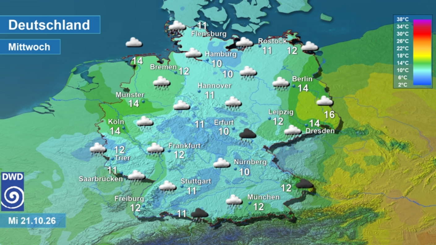 Wettervorhersage und Tageshöchsttemperaturen für Deutschland am 21. Oktober 2026 (Quelle: Deutscher Wetterdienst)